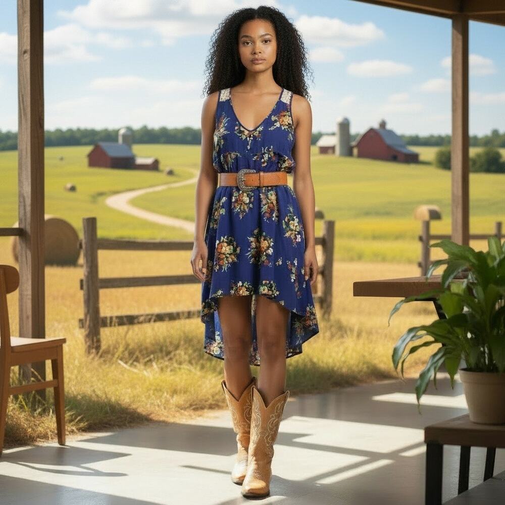 Eye Shadow Royal Blue Floral and Lace back High Low Dress L